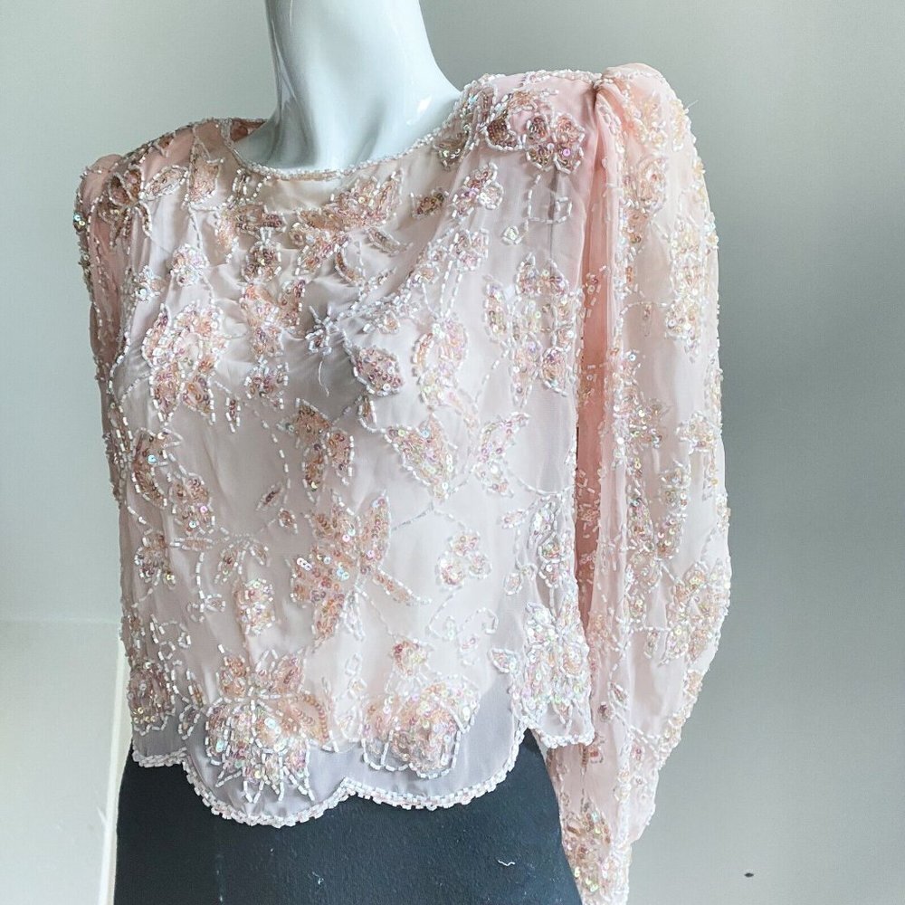 Vintage SILK Peach Pink Beaded Embroidered Cropped Evening Top M - Picture 4 of 9